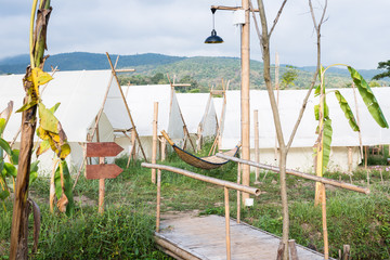 Fototapeta premium Outdoor white tent at camping yard