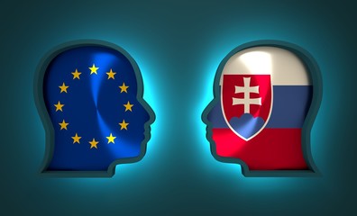Image relative to politic and economic relationship between European Union and Slovakia. National flags inside the heads of the businessmen. Teamwork concept. 3D rendering. Neon light