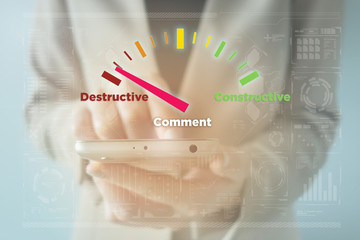 Businesswoman using smartphone with meter indicator : Destructiv