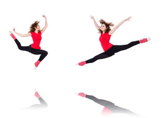 Woman doing exercises on white