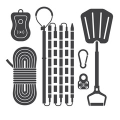 Avalanch rescue kit outline icons including probe, snow shovel, rope, beeper and carabiners in black and white. Alpinism protective equipment vector silhouette set.