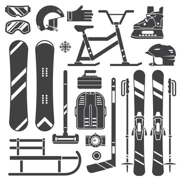 Winter Sports Equipment And Gear Silhouette Set. Ski, Skates, Snowmobile, Hockey, Curling, Snowboard And Sleds. Snow Games Outline Vector Icons. Snowboarding And Skiing Helmets, Goggles And Gloves.