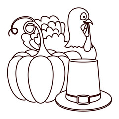 monochrome silhouette with pumpkin and farmer hat and turkey vector illustration