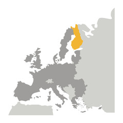 grayscale silhouette with europe map and finland in yellow color vector illustration