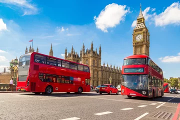 Fotobehang Londen Big Ben, Westminster Bridge, rode bus in Londen
