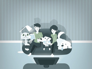 beautiful graphic design illustration of family watching movies together,mom,dad,child and pets sitting on against the TV in the home atmosphere, family illustration concept