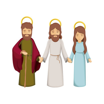 colorful image with jesus and virgin mary and saint joseph holding hands vector illustration