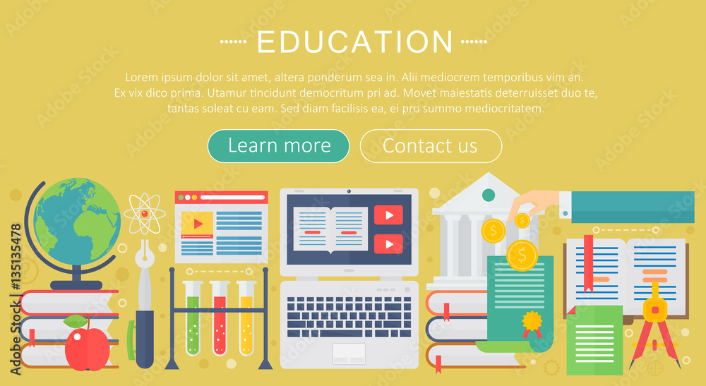 Poster set of flat design concept icons for web and mobile services and apps. icons for education, online e