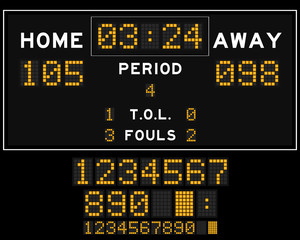 Basketball score board with orange square led on black backgroun