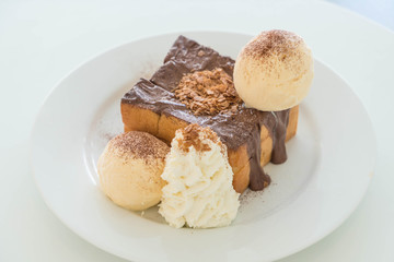 honey toast with vanilla ice-cream and chocolate