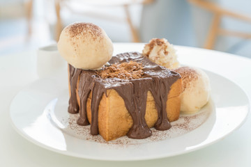 honey toast with vanilla ice-cream and chocolate