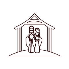 monochrome contour with virgin mary and saint joseph embraced under manger vector illustration