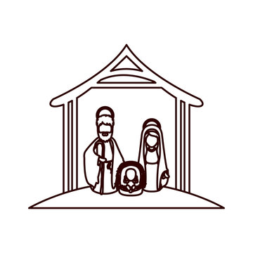 monochrome contour with virgin mary and saint joseph and jesus in crib under manger vector illustration
