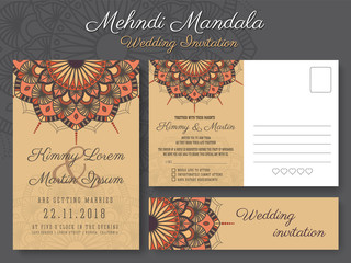 Classic vintage wedding invitation card design with beautiful Mandala flower, suitable for both traditional and modern trend. Save the date and RSVP postcard template. Vector illustration