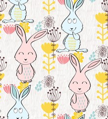Vector seamless pattern with bunny and flowers