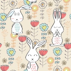 Vector seamless pattern with bunny and flowers