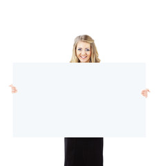 Happy smiling young business woman showing blank signboard