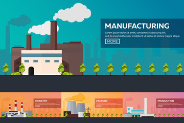 Obraz premium Industrial building factory set. Manufacturing. Vector flat illustration.
