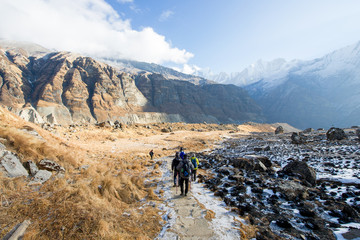 mountaineer are trekking to Himalayas sanctuary , hiking