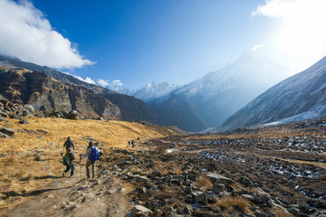 Fototapeta na wymiar mountaineer are trekking to Himalayas sanctuary , hiking