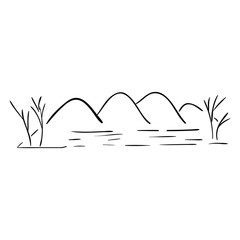 silhouette sketch landscape with river and mountains vector illustration