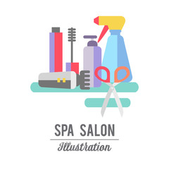 Beauty store background with make up artist and hairdressing objects lipstick, cream, brush. Template Vector.