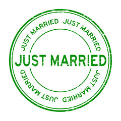 Grunge green just married round rubber stamp (For wedding or lov