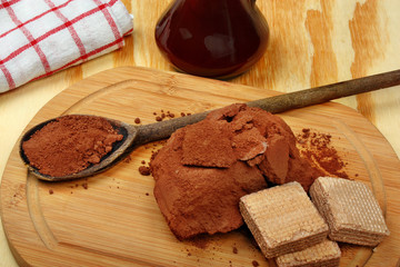 Fresh cocoa powder, drink and cakes