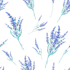 Watercolor lavender bouquet seamless pattern. Hand drawn floral repeating texture. Spring wallpaper with flowers on white background