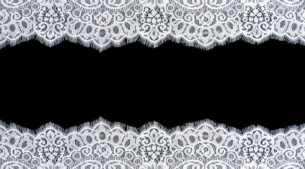 Invitation, greeting or wedding card with white lace on black background