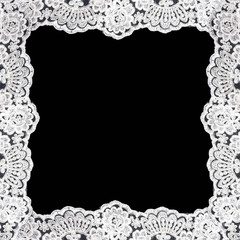 Invitation, greeting or wedding card with white lace on black background