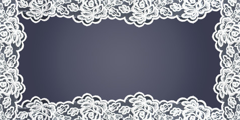 Invitation, greeting or wedding card with white lace on black background