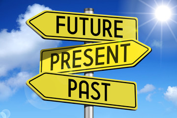 Future, present, past - yellow signpost.