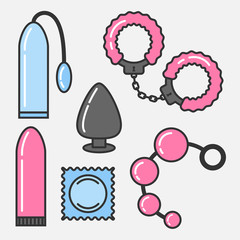 Vector set of sex toys in the linear flat style.