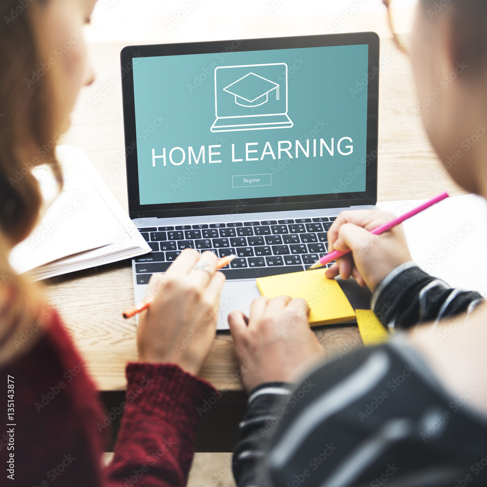 Aufkleber home learning webpage register button concept
