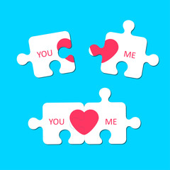 You and Me. Heart sign. Valentine's Day. Puzzle pieces. Icon concept of love. Vector illustration, isolated on a blue background for your design greeting card.