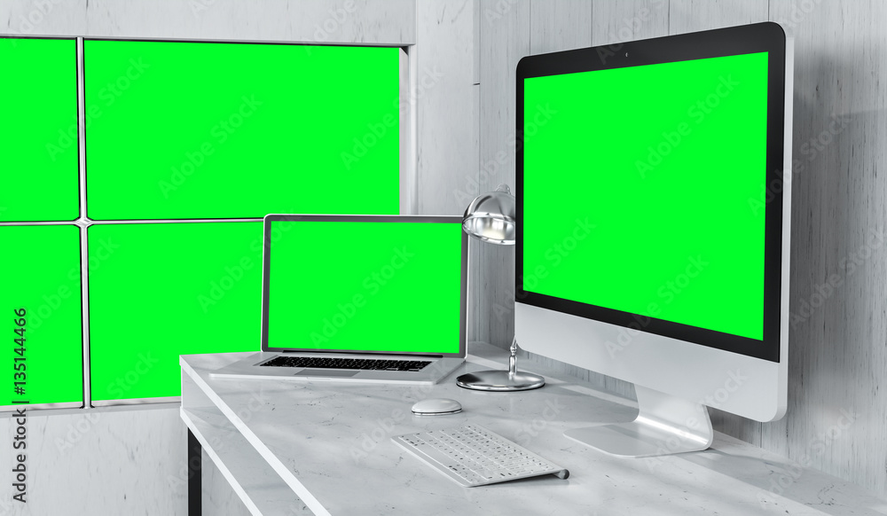 Poster Modern desktop interior with computer and devices 3D rendering