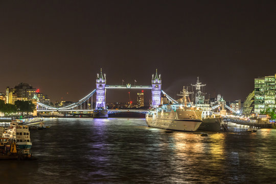 Tower Bridge and HMS Belfast warship in London