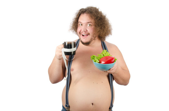 Funny guy on a diet. Fat man loses weight. 