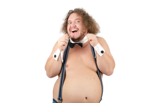 Funny fat stripper shirtless. Cheerful stripper with a big belly dancing.