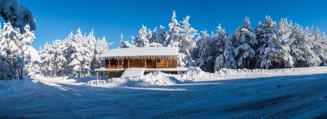 Fototapeta na wymiar Panorama with a log cabin covered in snow in the forest