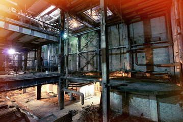 Old creepy, dark, decaying, destructive, dirty factory