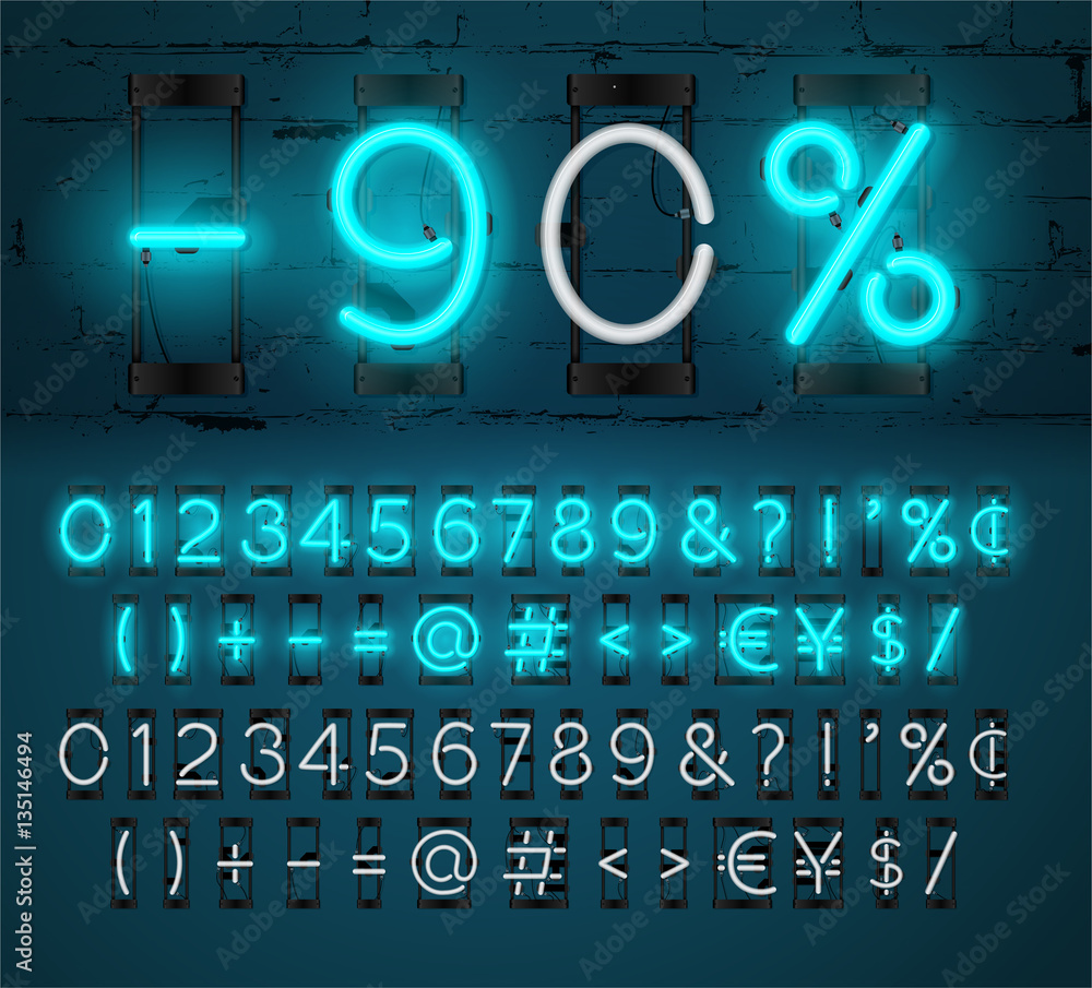 Aufkleber neon light alphabet vector font. glowing text effect. on and off lamp. neon numbers and punctuation 