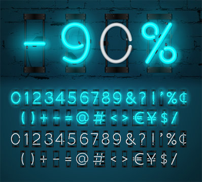 Neon Light Alphabet Vector Font. Glowing text effect. On and Off lamp. Neon Numbers and punctuation marks on Brick wall background. isolated on blue background.