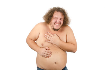 Heartburn at the fat guy. Stress and unhealthy lifestyle. Heart attack at the fat guy. 