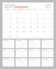 Set of Calendar Pages for 2017 Year. Vector Design Template. Week Starts Monday. Stationery Design