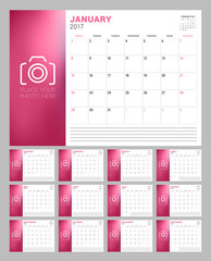 Set of Calendar Pages for 2017 Year. Week Starts Sunday. Place for Photo. Stationery Design. Vector Illustration