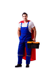 Superhero repairman isolated on white background