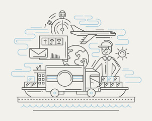 Delivery service line flat design illustration with male and cargo