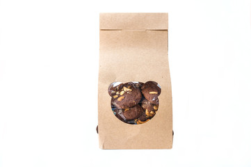 Chocolate cookie box isolated on white background.Brown folded recycle paper bag, packaging for...